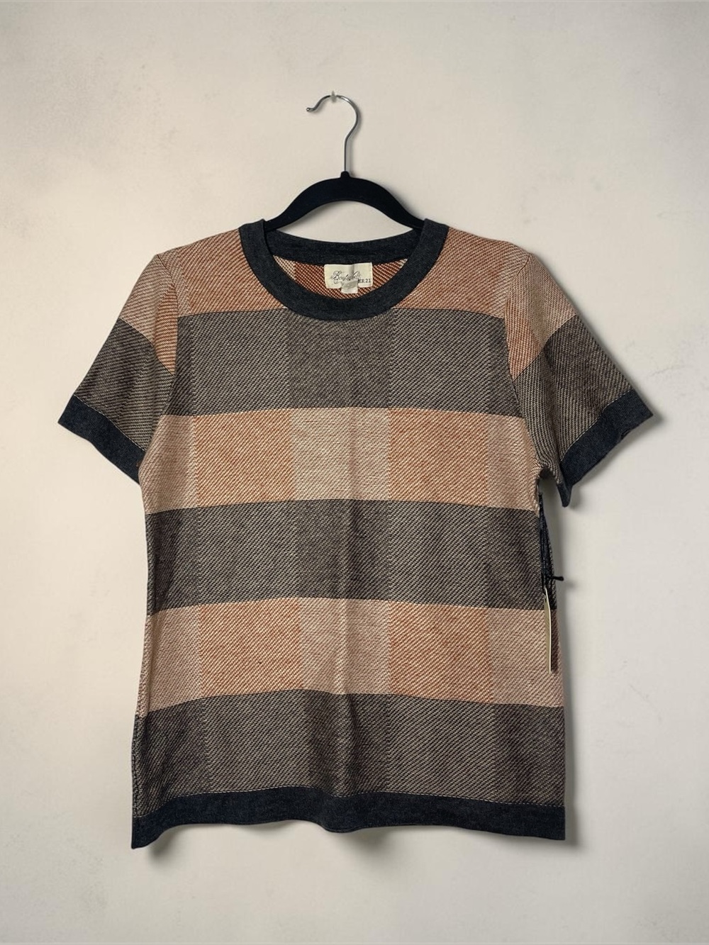 FOREVER 21 Womens Gray Rust Plaid Angora Cotton Sweater Large NWT Short Sleeve